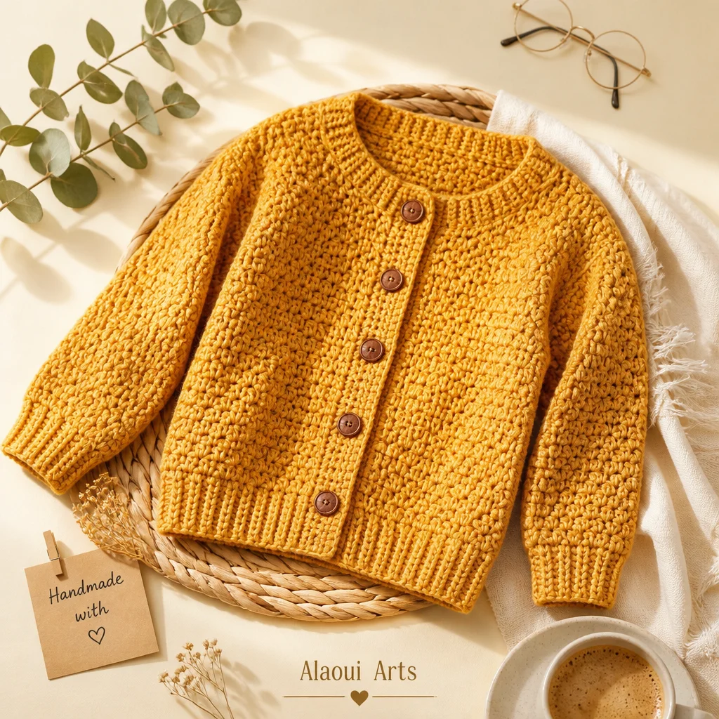 Crochet cardigan pattern for adults with a crew neck design.