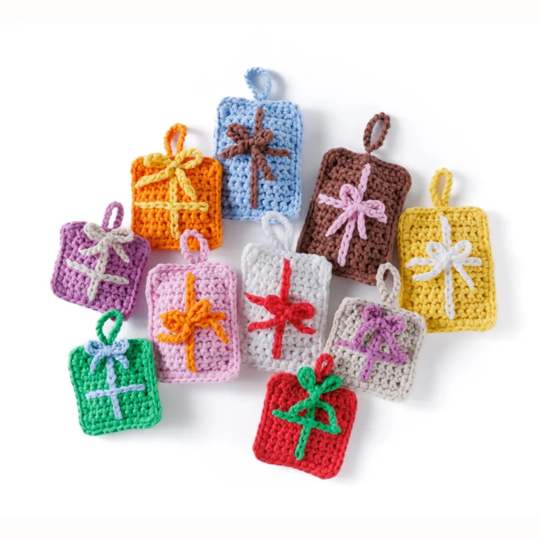 Colorful crochet ornaments created using Little Gifties pattern