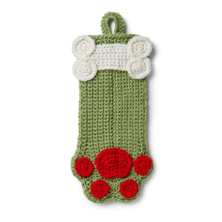 Crochet pattern for a festive dog paws Christmas stocking.