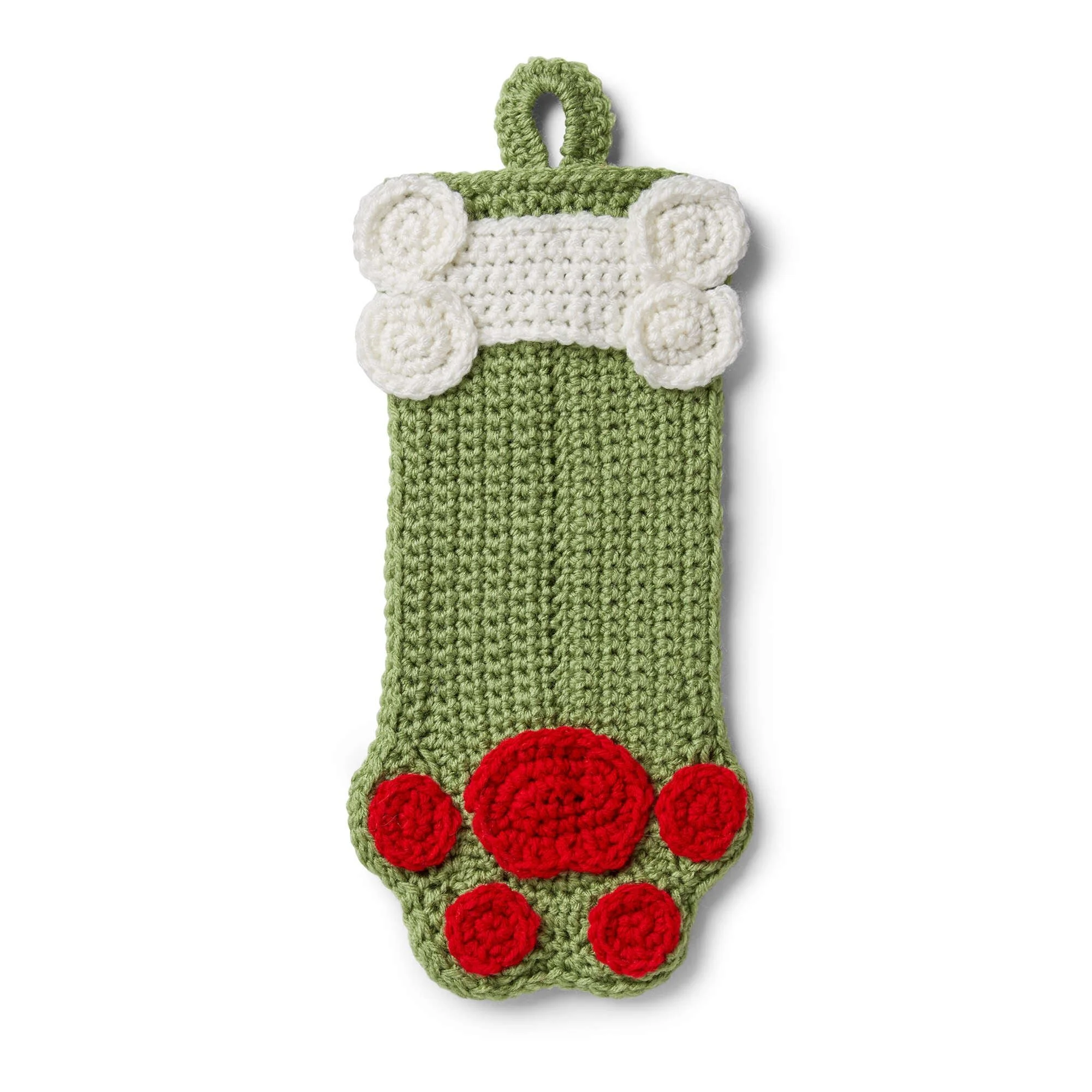 Crochet pattern for a festive dog paws Christmas stocking.