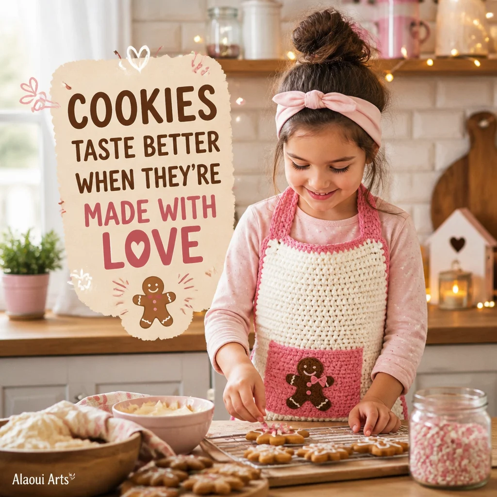 Crochet pattern for a gingerbread man apron, perfect for holiday baking.