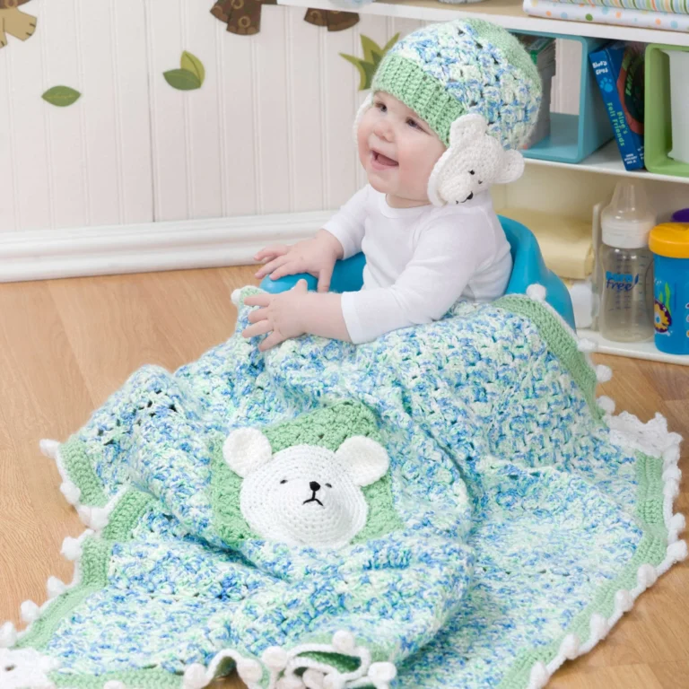 Cozy polar bear crochet blanket and hat pattern showcased together.